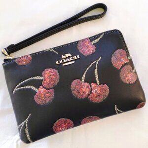 Coach Sparkle Sequin Cherry Print Corner Zip Wristlet in Black/Gold, NWT